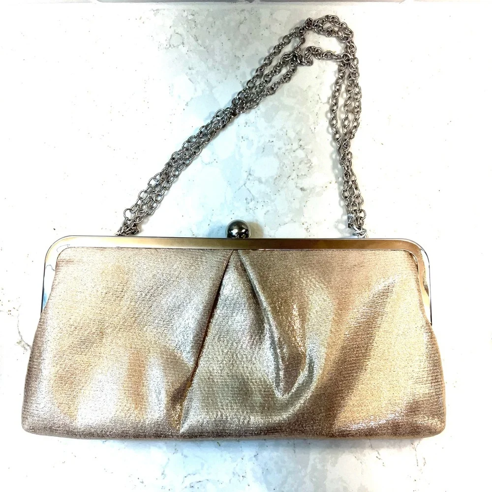 Antonio Melani Pleat Front Metallic Clutch Champagne Fabric Silver Hardware NWT
